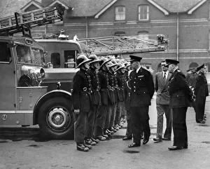 Firefighter Prints: Salford Fire Brigade. Mr Charles inspecting the salford fire brigade. June 1954