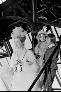 Sally Ann Howes with Adrian Hall and Heather Ripley filming a scene for Chitty Chitty