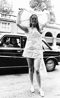 Fashions Prints: Sally Jane Spencer actress at Royal Ascot in 1967 Psychedelic minidress