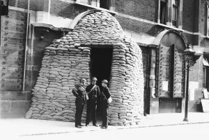 Sandbags Buildings in preparation for bombings at the beginning of the WW2 II