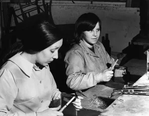 Factories Prints: Sandra Thistlewait and Jean Wordsworth testing cases with their rubber hammers