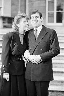 Sarah Ferguson and Prince Andrew announce their engagement at Buckingham Palace