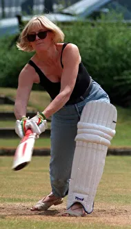 Sarah Lancashire actress playing a game of cricket during break from playing Raquel in