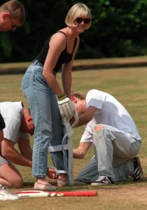 Sarah Lancashire playing a game of cricket during break from playing Raquel in Coronation