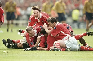 Images Dated 2nd June 1998: Sasa Ilic Charlton Athletic Goalkeeper May 1998 is swamped by team mates celebrating