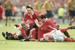 Sasa Ilic Charlton Athletic Goalkeeper May 1998 is swamped by team mates celebrating
