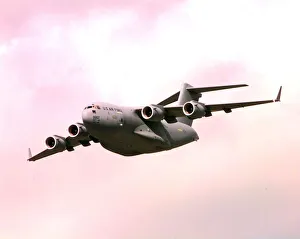 SBAC Farnborough Air Show. An American C17 Military transport aircraft in flight