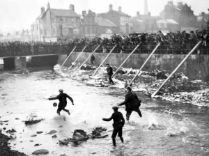 A scene from the Chester-le-Street annual Shrovetide football match in 1929