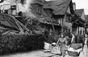 Clearing Prints: Scene of destruction showing damage to housing in Kingston Upon Hull after a bombing