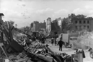 Scene at an incident during last nights attack by German pilotless aircraft on Bruce