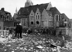 The scene after a pilotless enemy plane crashed and exploded in Streatham, London