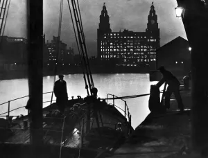 Boats Prints: Scene at Princes Dock in Liverpool showing seamen unloading cargo from one of