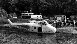 The scene at Rothbury after a RAF search and rescue Westland Whirlwind helicopter made a