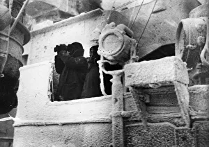 Scene on signal bridge of a British cruiser convoying merchantmen (some of them Russian