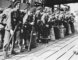 Scene at Tilbury when the 3rd Commando Royal Marines return to England after their 2nd