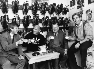 Drink Prints: Scenes inside the famous boot room at Anfield. Left to right are