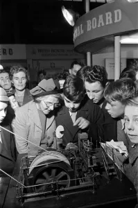 Exhibitions And Prints: School boys and women at the 1948 Model Engineer Exhibition at Seymour Hall, London