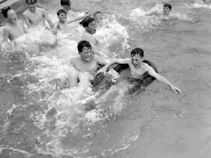 Lido Prints: School holidays at Ashby present few problems. For 3d. children can splash