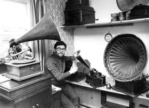 School teacher Ray Stephenson with his record collection in August 1979