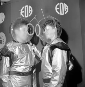 Space Exploration Prints: Schoolboys wearing space suits to board the Space Machine at a school exhibition