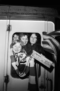 Schoolgirls from Hodge Hill Grammar School aboard the gymslip special