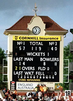 Rivalry Prints: Scoreboard at Edgbaston surrounded by fans showing England beating Australia by nine
