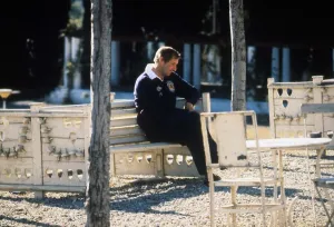 00247 Prints: Scotland Ally MacLeod sitting on a bench in Argentina during the World Cup tournament