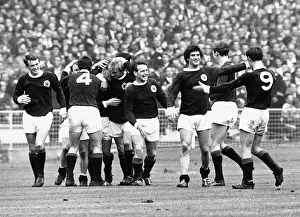 Team Prints: Scotland football team celebrate scoring goal in victory over England at Wembley, 1967