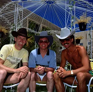 Scotland players Roy Aitken, Graeme Souness and manager Alex Ferguson all wearing cowboy