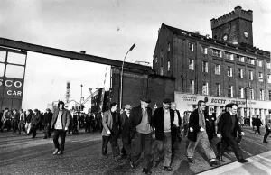 Shipyard Prints: Scott Lithgow staff leave dock yard after first day at work. 1967