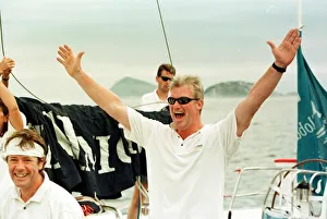 Sean Blowers Actor of Londons Burning shows his excitement at crossing the finish line in