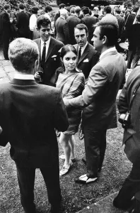 Sean Connery and actress Vivienne Ventura talks to England footballers left to right