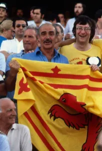 Sean Connery with Scotland football supporters at the World Cup in Spain. June 1982