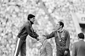 Sebastian Coe stands on podium during medal ceremony after Mens 1500 metres final