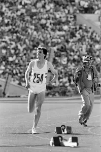 Sebastian Coe wins the Mens 1500 metres final at the 1980 Summer Olympics in Moscow 1st