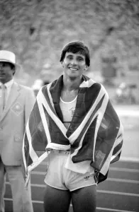 00082 Prints: Sebastion Coe draped in a Union Jack at the 1984 Olympics in Los Angeles