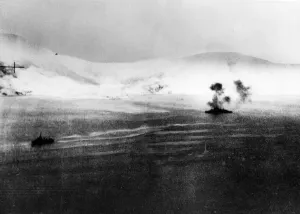 Battleship Prints: The Second Battle of Narvik. HMS Warspite in action with the Narvik shore batteries
