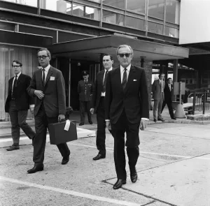 Government Prints: Secretary of State for Defence Lord Carrington pictured leaving Heathrow Airport
