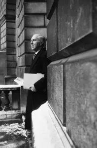 Minister Prints: Secretary to the Treasury Henry Brooke leaves the Treasury on his way to have lunch with