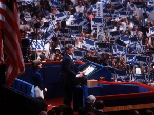 Teddy Prints: Senator Edward Kennedy speaks to enthusiastic supporters at the US Democratic convention