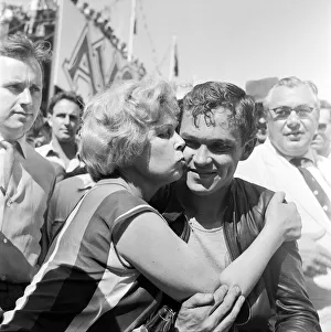 Senior TT race, Isle of Man. Winner Gary Hocking being congratulated by his mum