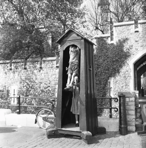 Tower Hamlets Prints: When the sentry is away the children will play. Children visiting The Tower of London