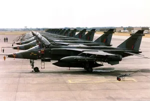 Sepecat Jaguar GR1 aircraft of the Royal Air Force seen here lined up on the apron at RAF