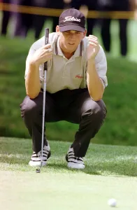 00188 Prints: Sergio Garcia golfer July 1999 Preparing to putt during Loch Lomond Tournament
