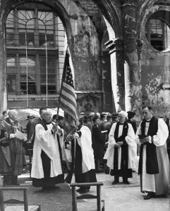 01443 Prints: A service was held today in the ruins of the bombed church St Mary le Bow