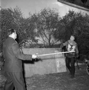 On set with the cast of the television series The Adventures of Sir Lancelot