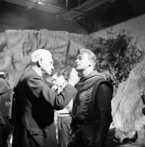 On set with the cast of the television series The Adventures of Sir Lancelot