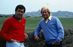 Seve Ballesteros with Jack Nicklaus July 1983 St Andrews leaning on wall dry stane