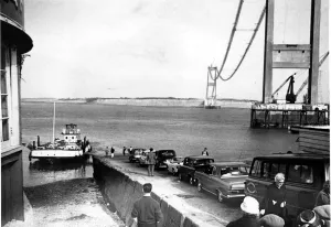 Core10 Prints: Severn Bridge - Cars queue to use the Aust Severn ferry with the Severn Bridge towering