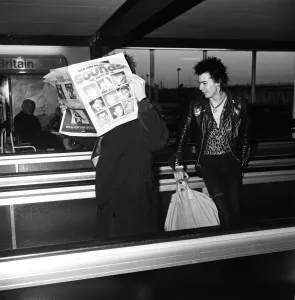 The Sex Pistols at Heathrow Airport before flying off for an American tour